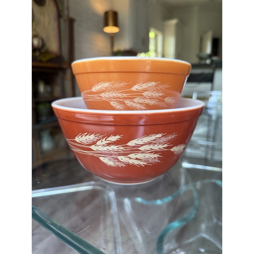 Vintage Pyrex Autumn Harvest Wheat Nesting Mixing Bowls 402, 401 - Two bowls